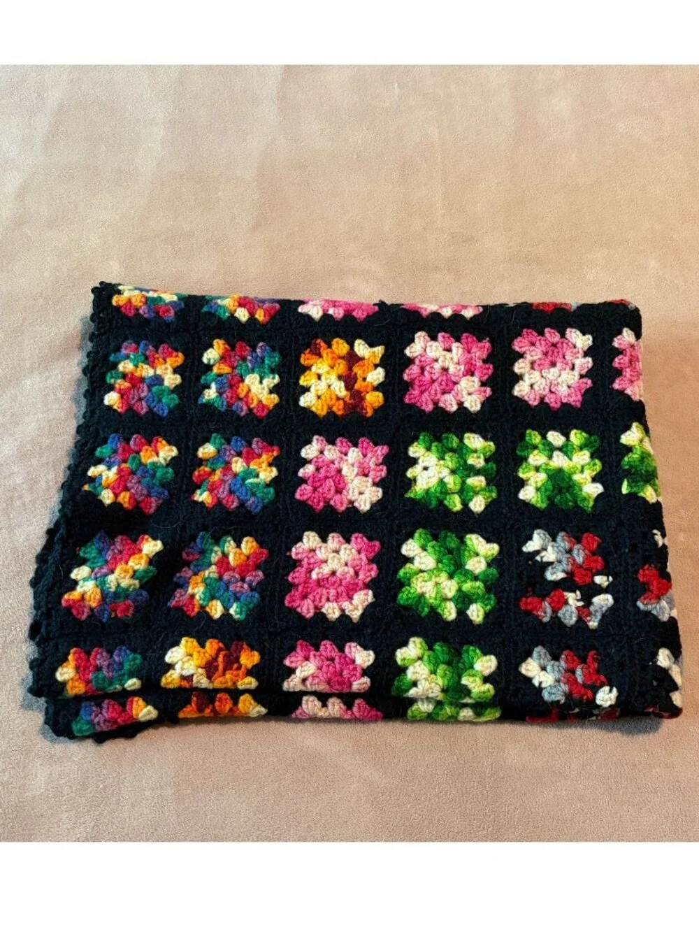 Vintage Handmade Crochet Granny Square Afghan Throw Blanket Rosanne 41x64